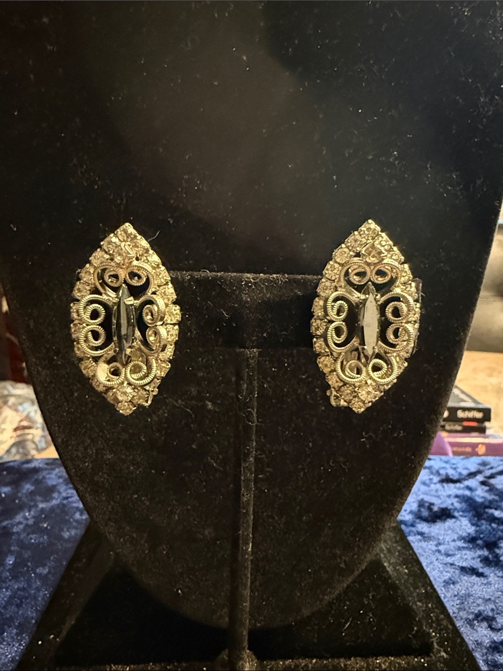 Vintage 1960s Silvertone earrings with 3-D scroll burst Marcasite stone clips